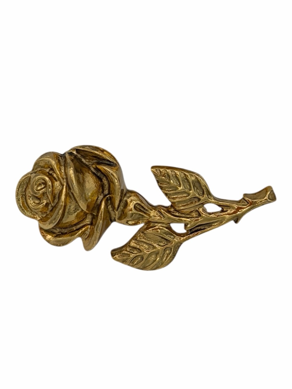 Vintage Gold Tone 3D Rose Brooch Pin Sculptural Flower Leaves Floral Jewelry